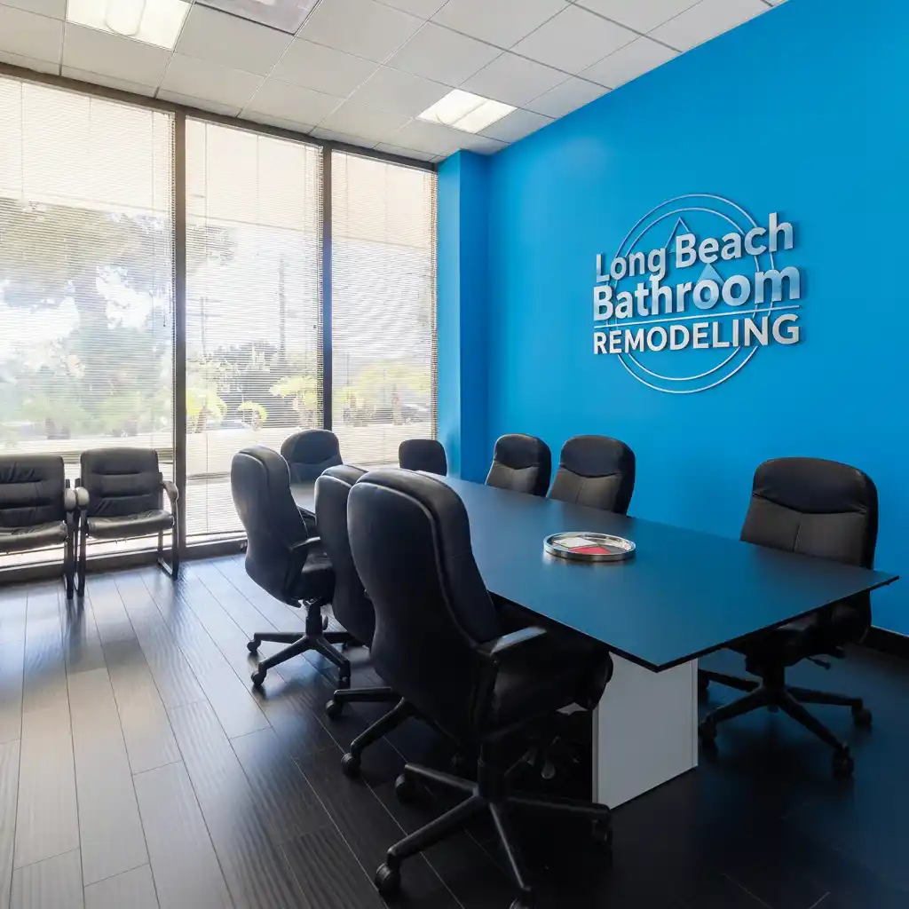 Long Beach Bathroom Remodeling office interior with company logo on wall