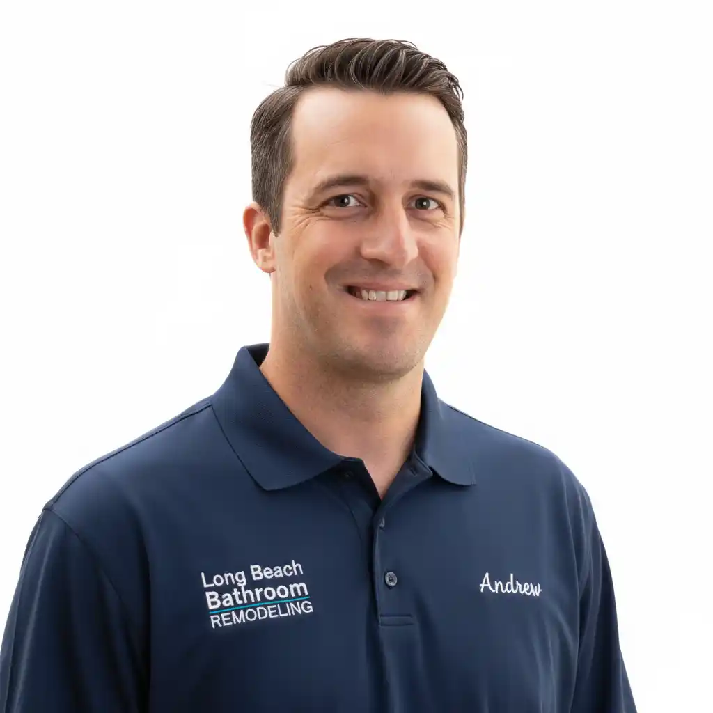 Andrew Cox, owner of Long Beach Bathroom Remodeling, wearing company branded shirt